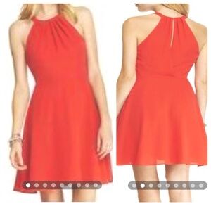 Express neon salmon fit and flare high neck halter dress